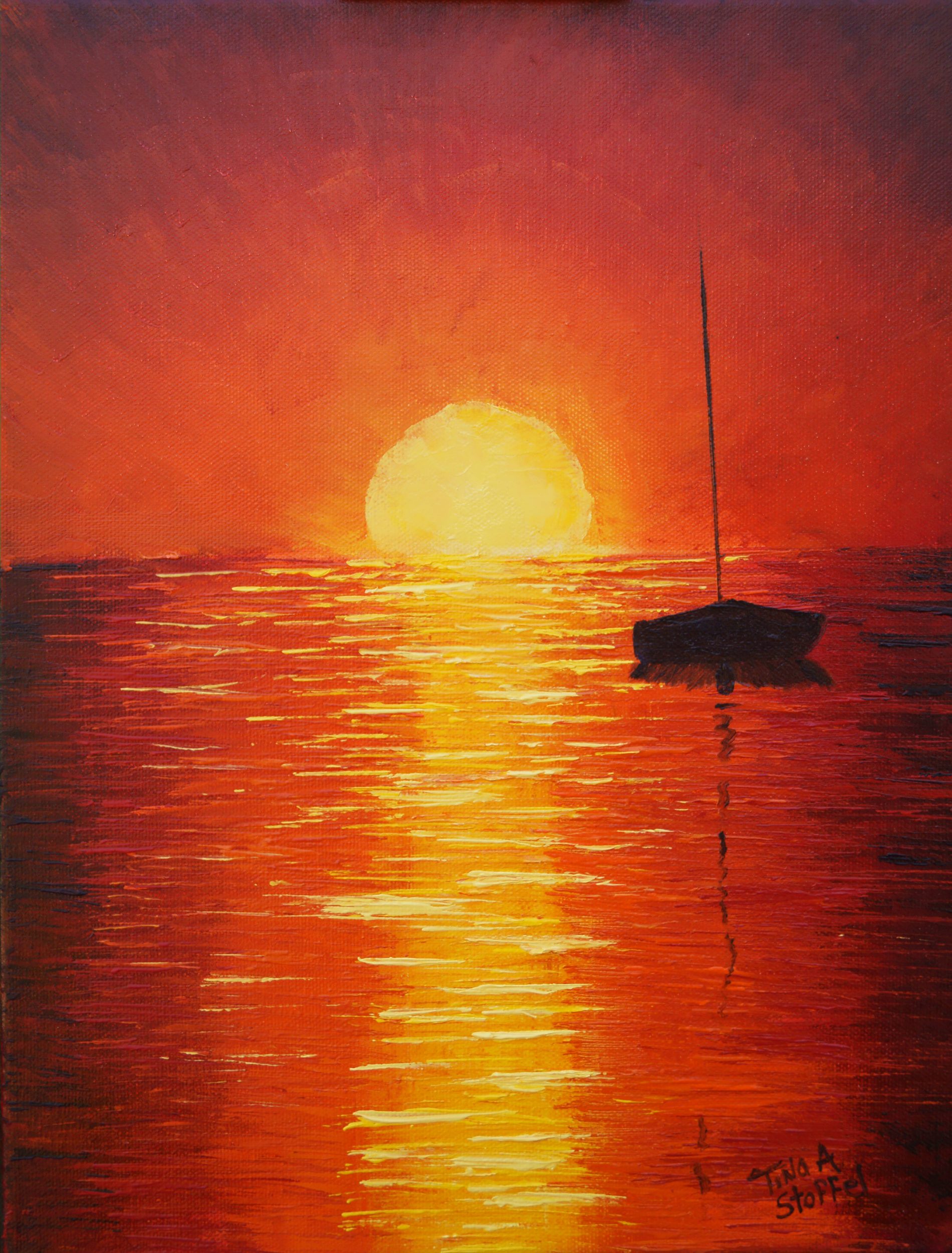 paintings of sailboats at sunset